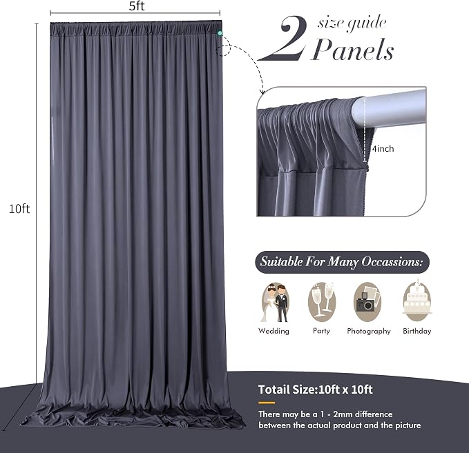 10 ft x 10 ft Wrinkle Free Charcoal Backdrop Curtain for Parties, Dark Grey Polyester Photo Backdrop Drapes for Baby Shower Wedding Engagement Birthday Party Backdrop Stand,5ft x 10ft 2 Panels - Image 7