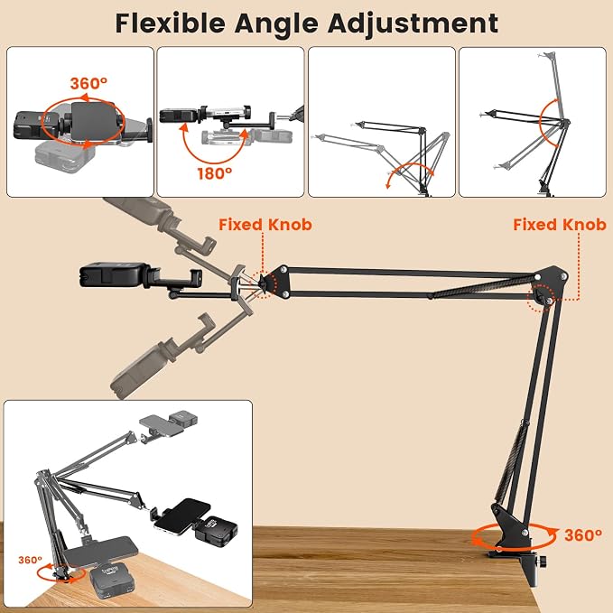 Overhead Phone Mount with LED Selfie Light and Bluetooth Remote, Rechargeable Ring Light Tripod Stand with Flexible Boom Arm, Desk Phone Holder for Video Recording, Live Streaming, TikTok, Vlogging - Image 5
