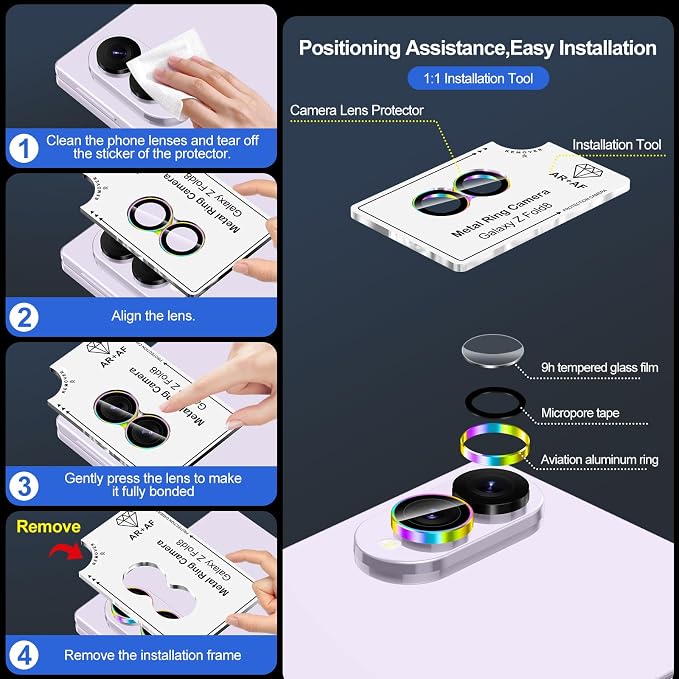 for Samsung Galaxy Z Fold 8 Camera Lens Protector, Individual Metal Ring Tempered Glass Lens Cover, [Strong Adsorption] Scratch Resistant Ultra-Thin HD Clear Lens Cover,1 Set-ColorfulRing - Image 7