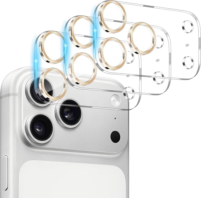 Dengduoduo 3 Pack Camera Lens Protector for iPhone 17 Pro, Tempered Glass, Ultra HD, 9H Hardness, Anti-Scratch, Case Friendly,[No Affect on Night Shots],Gold by Dengduoduo