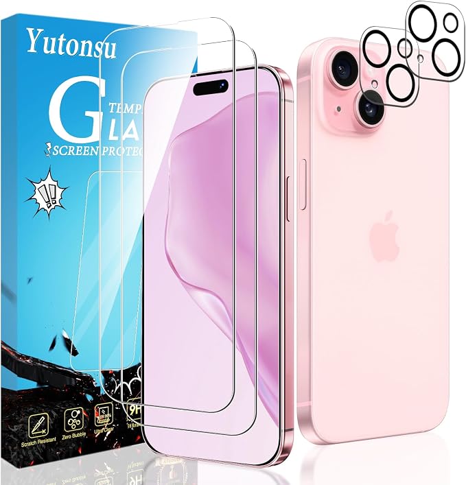 2 Pack Tempered Glass Screen Protector for iPhone 15 6.1-Inch | with 2 Pack Camera Lens Protector, Anti Scratch, Bubble Free, Case Friendly by Unknown