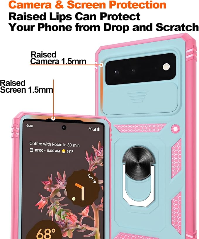 Gritup for Phone Case Google Pixel 6: Pixel 6 Case with 2*Screen Protector | Magnetic Stand & Slide Camera Cover | Shock Proof Military-Grade Funda para Google 6 Cover, Green+Pink - Image 5