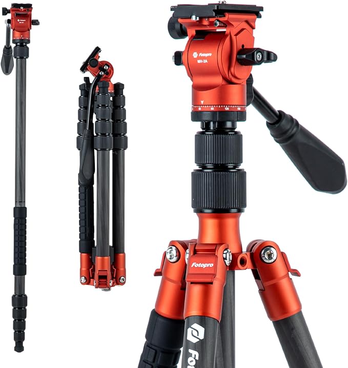 Fotopro 59" Carbon Fiber Travel Tripod, Compact Video Tripods with Fluid Head, Detachable Monopod with Arca-Swiss Quick Release Plate and Bag, Camera Tripod Load up to 8KG/17.63lbs, Orange by Fotopro