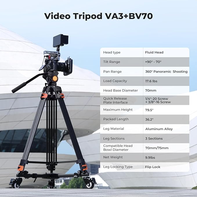 K&F CONCEPT 80" Video Tripod with Fluid Head | Heavy Duty Aluminum Tripod, Smooth Damping, Quick Release Plate for DSLR/Mirrorless/Camcorder, Max Load 17.6lb, VA3+BV70 - Image 3