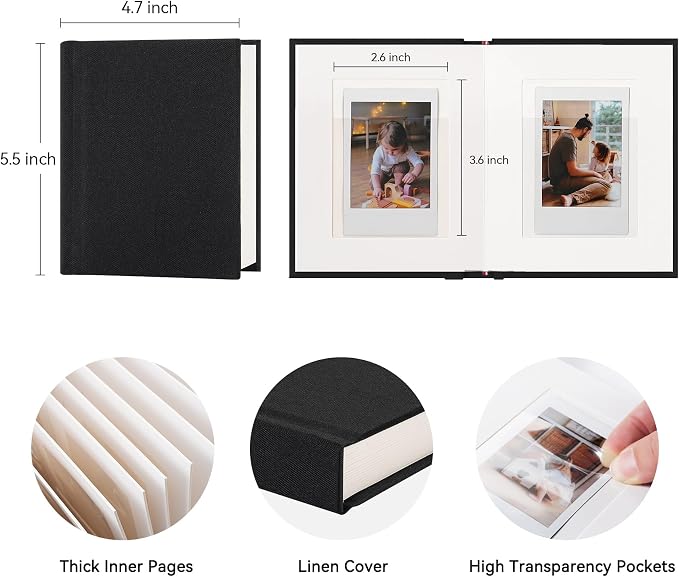 Instax Mini Photo Album with Writing Space, Linen Cover, Black | Compatible with 2x3 inch & Polaroid Pictures, 28 Recessed Clear Pockets, Wedding Guest Book and Family Memories - Image 2