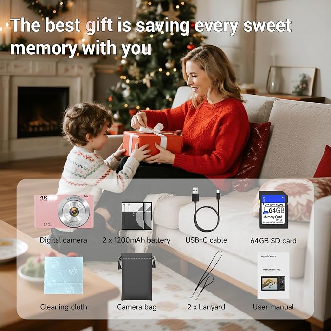 Digital Camera, FHD 4K Autofocus Digital Camera Pink with 64GB SD Card 16X Zoom, 2026 Upgraded Compact Cameras for Photography Point and Shoot Small Camera for Teen Boys Girls Kids Travel Adventures - Image 8