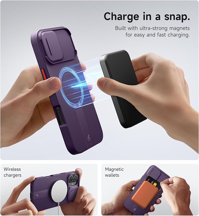 SURITCH for iPhone 16 Plus Case with Magnetic Camera Slide Cover and Adjustable Kickstand, Compatible with MagSafe, Shockproof Bumper Case Slim Protective Cover for iPhone 16 Plus 6.7 Inch,Dark Purple - Image 3