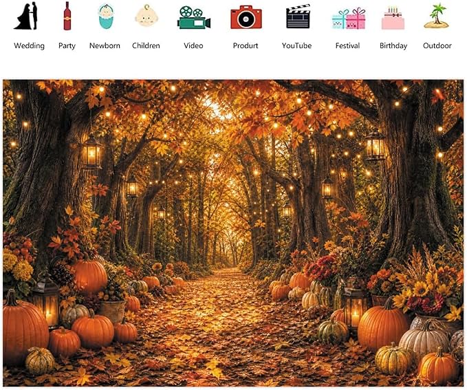 Fall Autumn Forest Photography Backdrop 12x8ft Autumn Woodland Pumpkin Maple Leaves Background Fall Thanksgiving Orange Flowers Seasonal Party Decorations Banner Vinyl - Image 2
