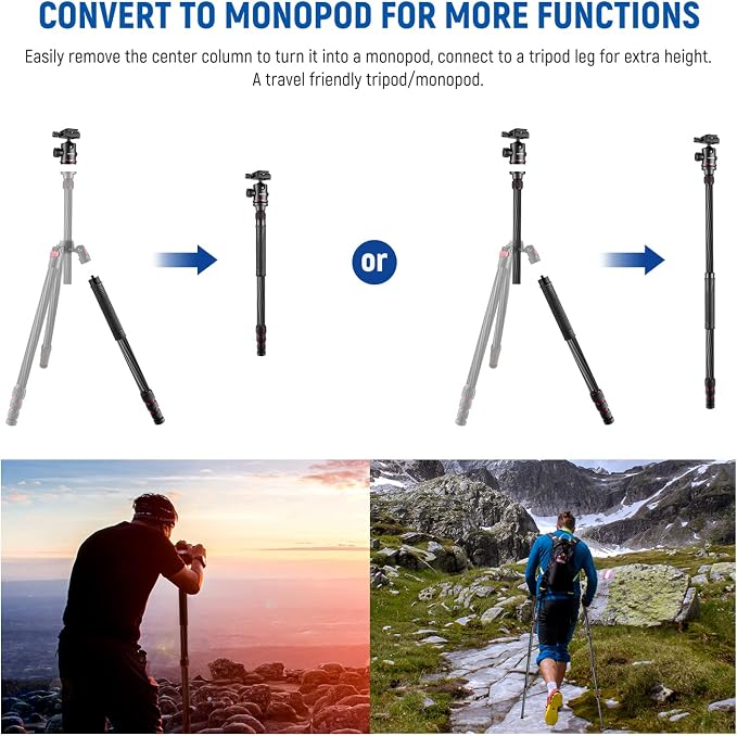 NEEWER N55CR Upgraded 80.7" Carbon Fiber Camera Tripod Monopod Travel Stand | With Telescopic 2 Section Center Axis, 360° Panorama Ballhead, 1/4" Arca Type QR Plate, ø28mm Column, Max Load 26.5lb - Image 6
