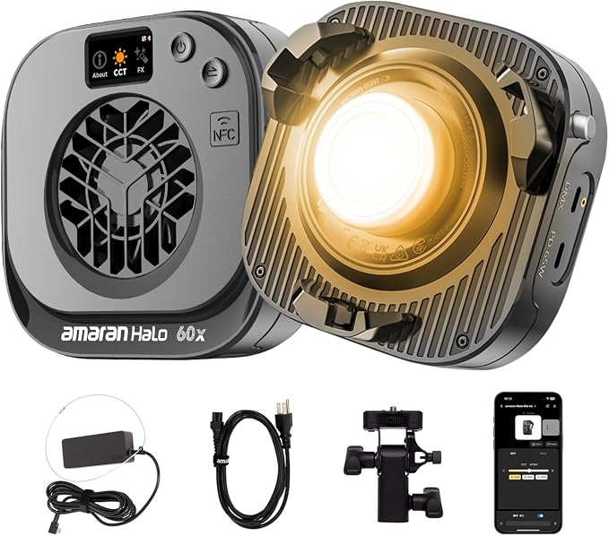 amaran Halo 60x COB LED Video Light,Compact 63W Bi-Color Studio Lighting | 2,700K - 6,500K Bowens Mount, APP Control Continuous Light for Photography,YouTube,Content Creation,Vlog by amaran