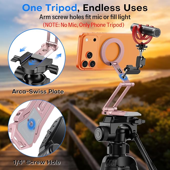 OMOTON TP06-E [3-Adjust] Sturdy Magnetic Phone Tripod for iPhone 17, Pink | Aluminium Phone Stand for MagSafe with Hook 1/4" Screw& Arca, Travel Essentials Gift for Vlog, Creators, Live - Image 2