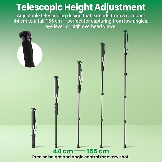 PATONA Premium Telescopic 155cm Camera Monopod | Aluminum Camera Pole | Gezi One Travel Monopod, 1/4" & 3/8" Thread Mount, Light Weight Design, Includes Carrying Bag - Image 3