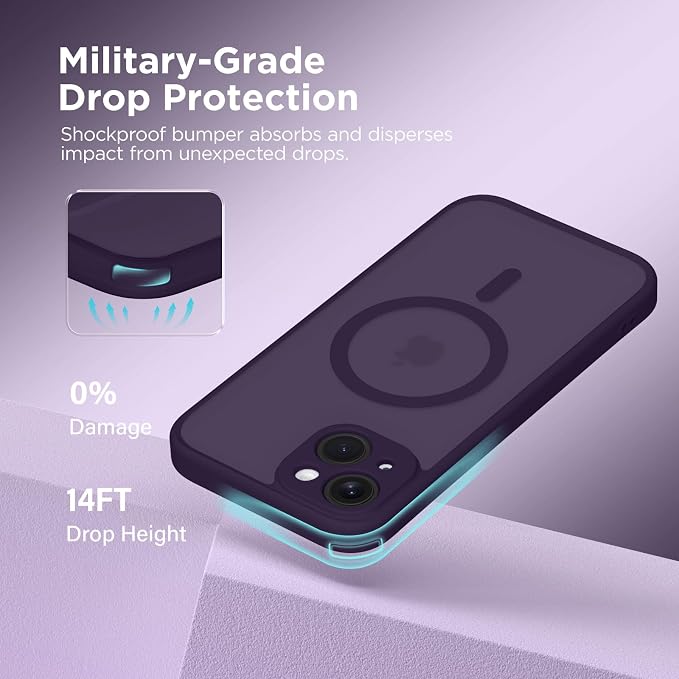 CAPRARO for iPhone 14 Case, Compatible with MagSafe | Upgraded [Full Camera Protection] Shockproof Protective Slim Translucent Matte Magnetic Phone Case 6.1'', Deep Purple - Image 5