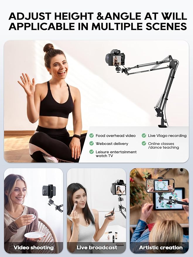 CACENCAN Overhead Camera Mount, 5lb Horizontal Load-Bearing, 360° Adjustable Stand for Desk, Flexible Arm Desk Mount, with Phone Clamp, Tabletop Mount for DSLR Camera/Webcam/Microphone（White - Image 3