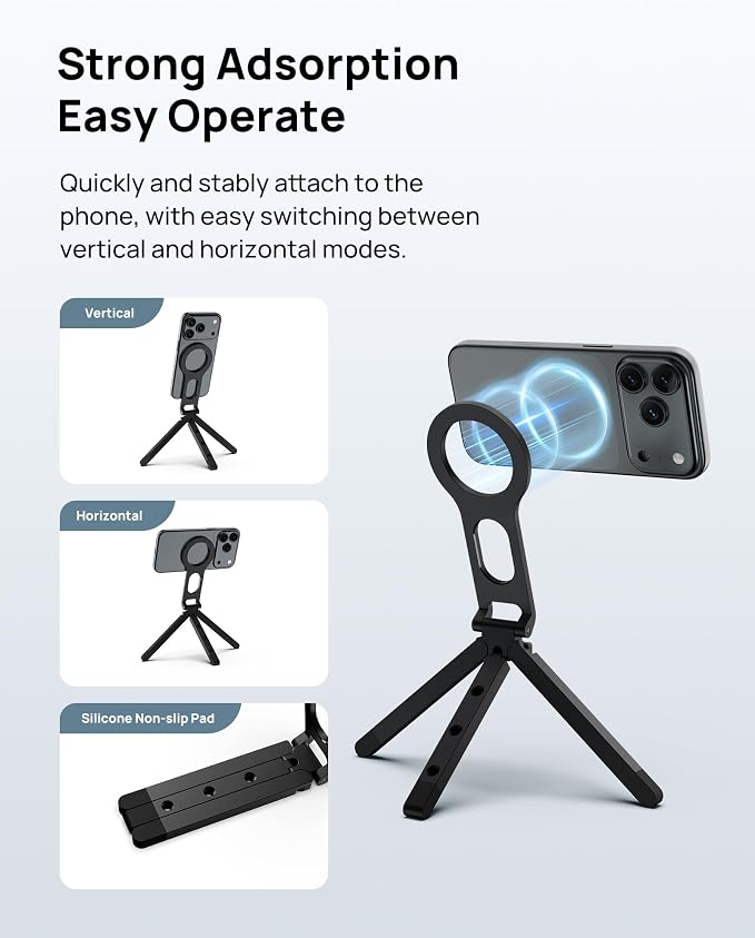 Magnetic Phone Tripod Stand for iPhone - Strong Magnet Foldable Cell Phone Stand for Vlog, Gym, Travel Essentials, Mini Tripod Phone Stand Compatible with iPhone 17 16 15 14 13 12 Series (Black) - Image 2