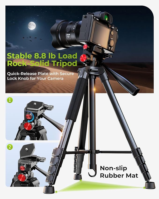 CAMBOFOTO 72" Camera Tripod for DSLR and Cell Phone, Pan Head, Aluminum | Portable Tall Tripod Stand with Phone Holder &Quick Release Plate, Compatible with Canon iPhone for Live Video Vlog Recording - Image 2