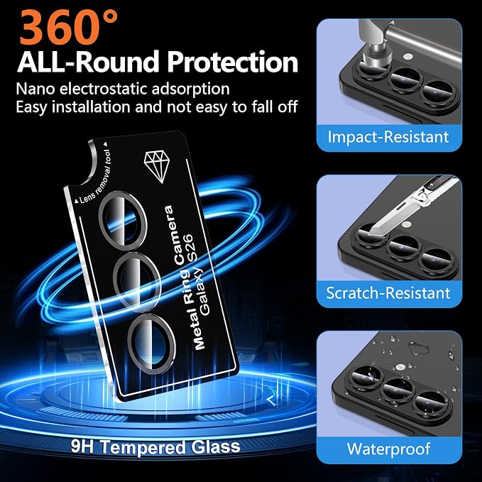 for Samsung Galaxy S26 Camera Lens Protector, Individual Metal Ring Tempered Glass Lens Cover, [Strong Adsorption] Scratch Resistant Ultra-Thin HD Clear Lens Cover, 1 Set-Black - Image 2