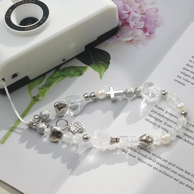 Beaded Camera Wrist Strap,Cute Phone Charm Decor,Pearl Bracelet Wrist Strap | Phone Keychain Decoration for Wallet,Durable Nylon Rope Lanyard,Compatible with all Phone Case,Silver Star - Image 3