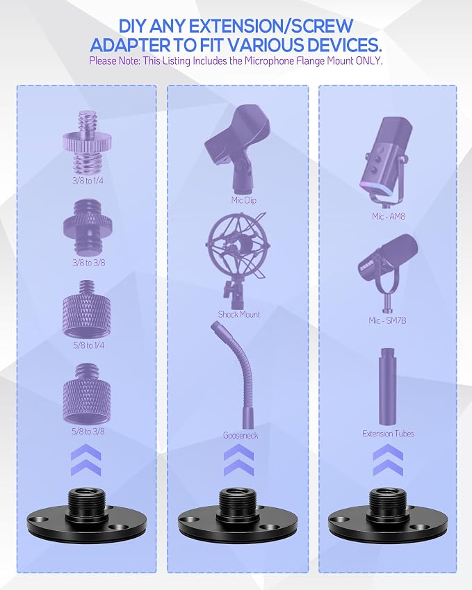 KB48 Podium Microphone Flange Mount with Pad, 5/8-27 Male, 3/8-16 Female | Gooseneck Boom Arms Mic Stand Base for Lecterns, Desks, Table, 2 in Metal Plate with 3 Screws Included - Image 4