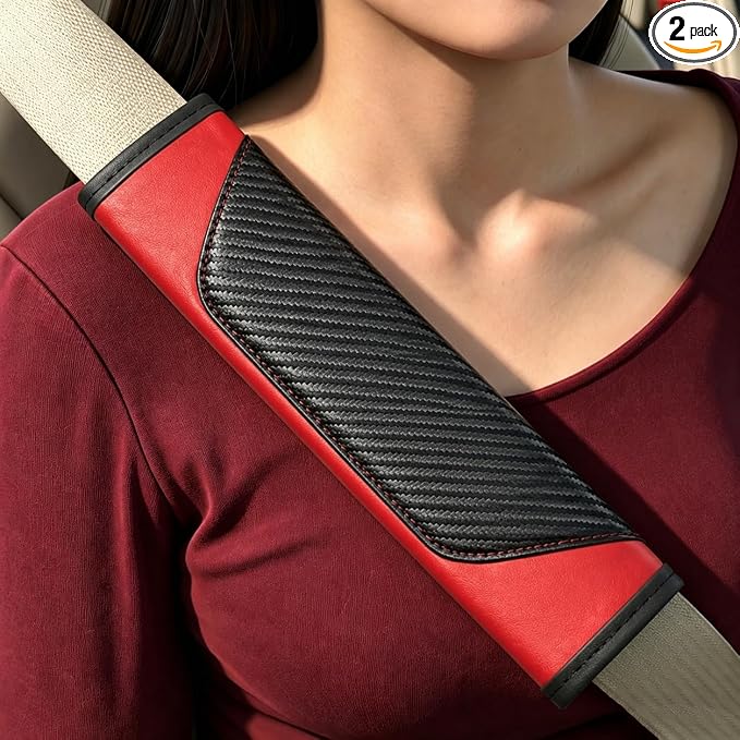 Carbon Fiber PU Leather Seat Belt Covers - 2Pcs, Black and Red Sporty Seat Belt Pads, Universal Fit for Car Truck SUV by JAVMOO