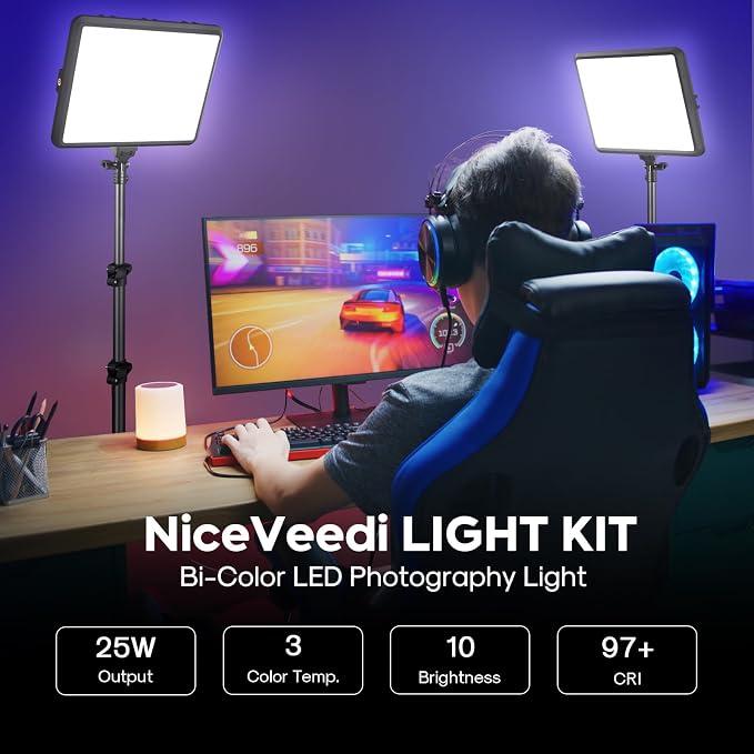 2-Pack Photography Lighting Kit, NiceVeedi 25W LED Video Light Kit, 2900-7000K Dimmable Studio Light with Tripod Stand, 73" Stream Light for Video Recording - Image 2