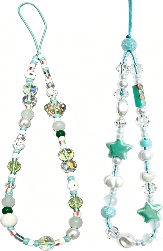 2 Pcs Phone Charm Strap Hand Wrist Strap Camera Lanyard Pearl Beaded Cute Chain String Accessories Universal for iPhone 17 Pro Max 16 15 14 for Samsung Women Girls Keychain Bag Green Flower and Star by Casecond