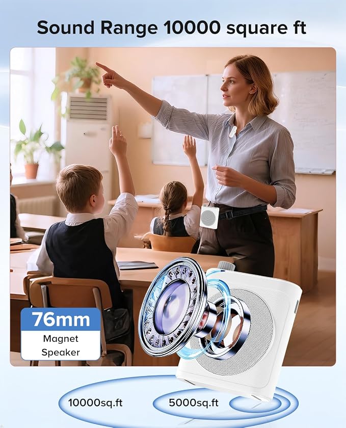 Voice Amplifier for Teachers with 2 Magnetic Lavalier Mics, White | Bluetooth Portable Rechargeable Speaker for Classroom, Meetings, Tour Guide Speeches, Public Speaking, Coaches, PA System - Image 2
