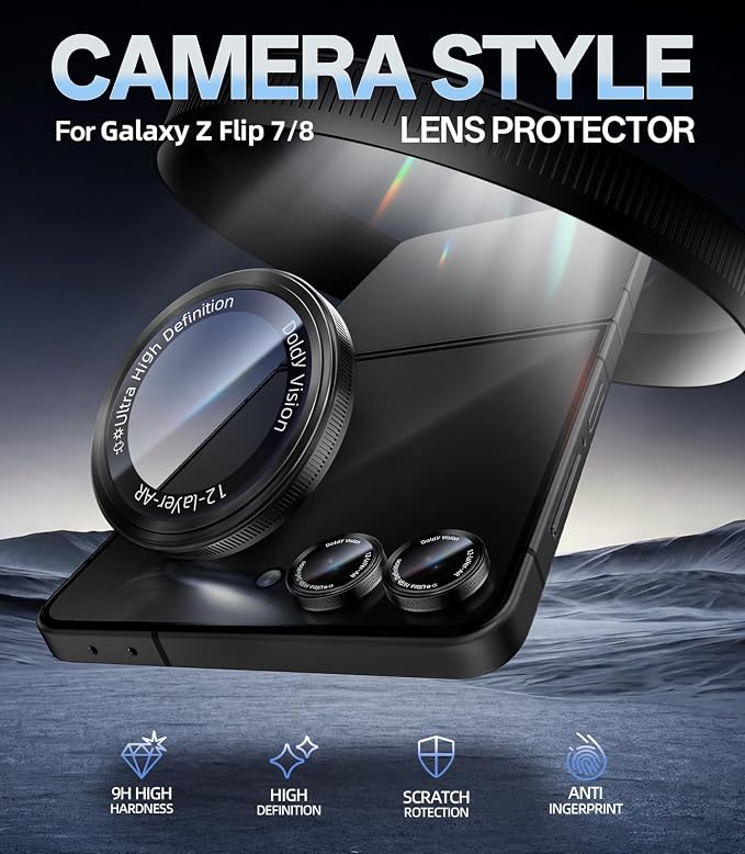 HelloDeere for Samsung Galaxy Z Flip 8 Camera Lens Protector, Military-Grade 9H+ Tempered Glass with AR Optical Tech HD Anti-Glare Anti-Scratch Metal Individual Ring Easy Install Case Friendly, Black - Image 2