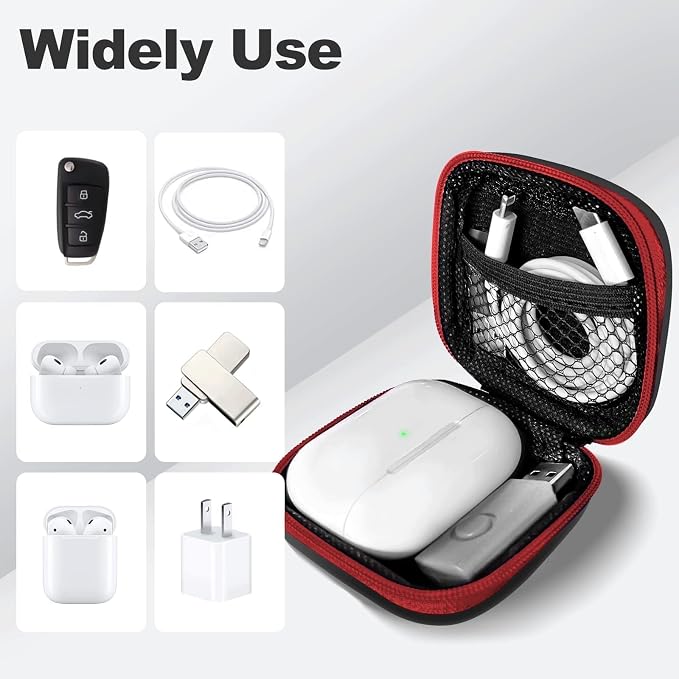 Square Earbud Case Portable EVA Carrying Case Storage Bag Cell Phone Accessories Organizer with Carabiner for Earphone, Earbud, Earpieces, SD Memory Card, Camera Chips, Tech Pouch, Red - Image 3