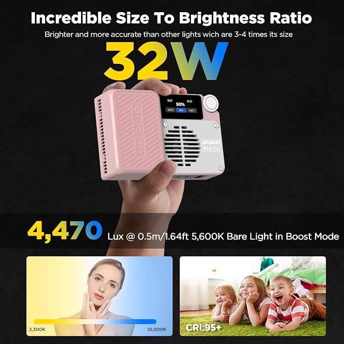 Amaran Ace 25c RGBWW LED Video Light Pocket Creator Light | 32W Boost Mode, 2300K-10000K RGBWW, 1171 Lux Output at 5600K, 4500mAh Battery, USB-C PD Fast Charging, Pink - Image 2