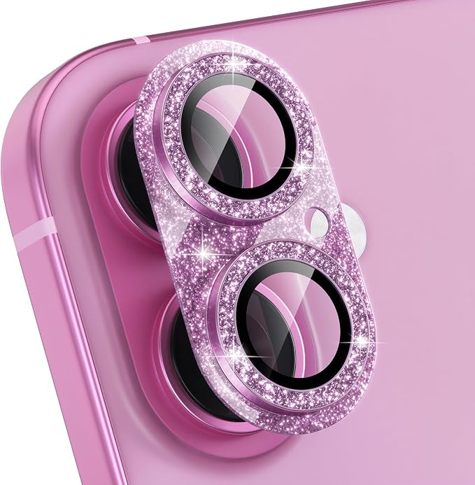 Choiche for iPhone 16 /iPhone 16 Plus Camera Lens Protector, Glitter-Pink | Bling Metal Camera Cover with 9H Tempered Glass Lens Screen Protector Accessories, Strong Adsorption, Case-Friendly by Choiche