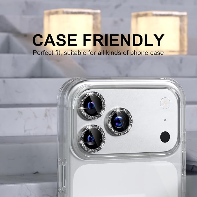 Choiche for iPhone 17 Pro/iPhone 17 Pro Max Camera Lens Protector | Ultra HD, Bling 9H Tempered Glass Camera Cover Screen Protector Metal Ring Decoration Accessories (Glitter-Black) - Image 4