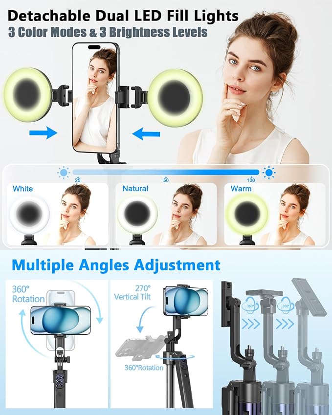 Vlogging Kit for iPhone/Android, 63”Auto Face Tracking Tripod for iPhone with Light, Wireless Microphones, Scrolling Remote Control for TikTok, Content Creator Kit for YouTube Starter - Image 5