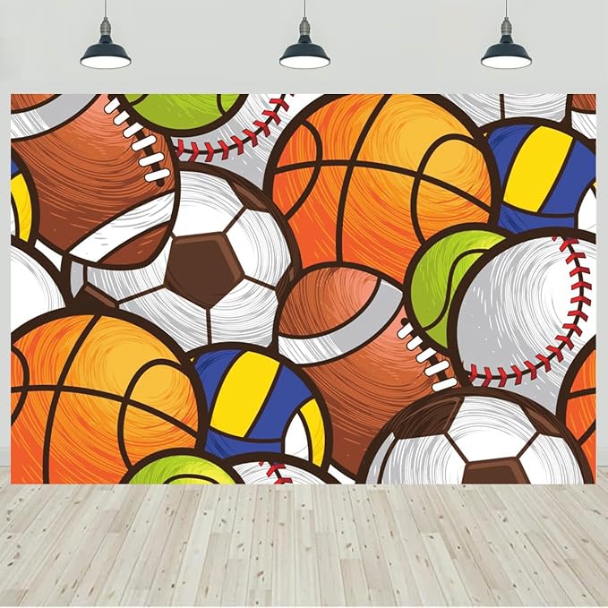 8x6ft Sports Backdrop Kids Sports Theme Birthday Baby Shower Party Photography Background Cartoon Basketball Football Baseball Decorations Banner Kids Portraits Photo Studio Props by CkihgennDecors