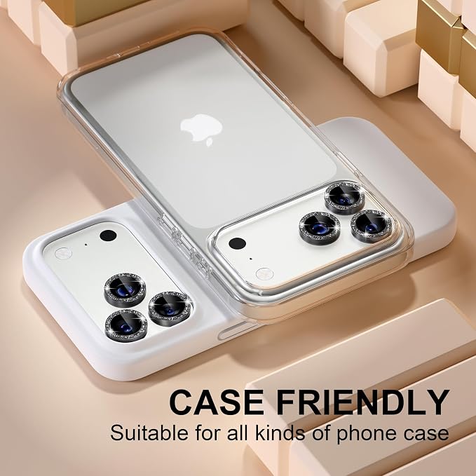 Misea Compatible for iPhone 17 Pro/iPhone 17 Pro Max Camera Lens Protector | 9H Tempered Glass Ultra HD Bling Camera Screen Protector Cover Metal Individual Ring Decoration Accessories, Black Glitter - Image 5