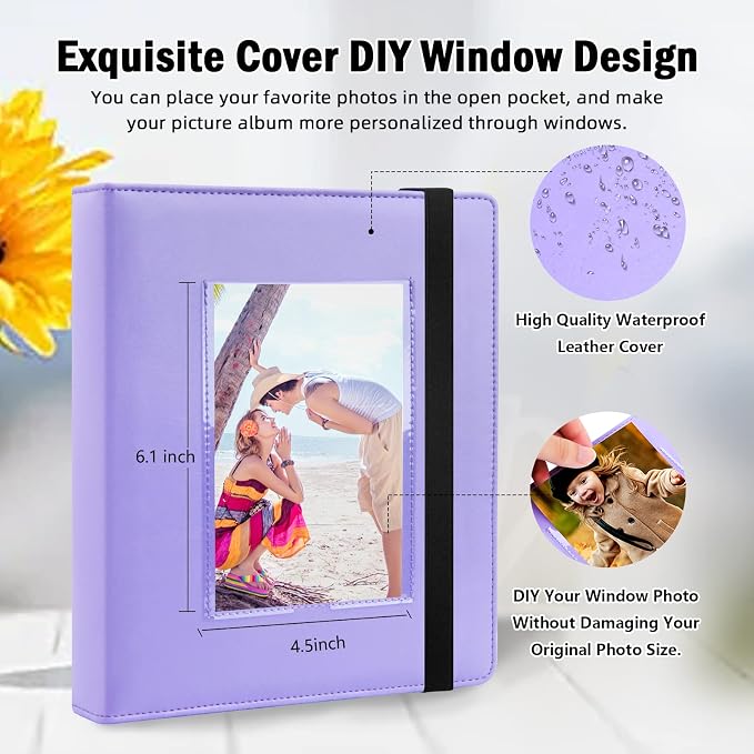 Aevdor 4x6 Photo Album, 136 Pockets, Leather Cover, Purple | Clear Side-Loading Pockets, Black Inner Pages, Elastic Closure Strap, Family, Wedding, Baby & Travel Photo Storage - Image 2
