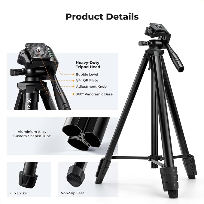 K&F CONCEPT 57.9'' Tripod for Phone& Camera, Compact Portable Travel Tripod | Folds to 17'' Weighs 1.36lbs, 360° Rotation & +90°/-85° Tilt Max Load 4.4lb, Compatible with Smartphones, Cameras. S204A1 - Image 8