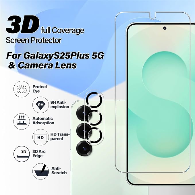 BIGFACE Galaxy S25 Plus Tempered Glass Screen Protector + Camera Lens Protector [2 + 2 Pack][Case Friendly][Anti-Scratch][Ultrasonic Fingerprint Unlock] HD Protective Film for Samsung Galaxy S25 Plus - Image 2