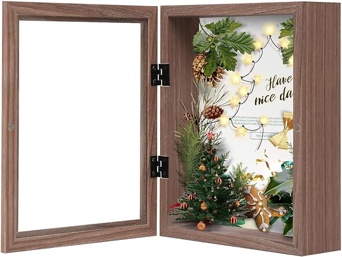 Muzilife 8x10 Shadow Box Wood Picture Frame, 2.16 Deep, Real Glass, Brown | FSC-Wood, Magnetic Door, Linen Interior & Pins, Vertical, Horizontal Wall Hanging, Display Case Frame for Photos & Keepsakes by Muzilife