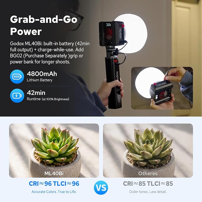 Godox ML40Bi Mini COB Video Light 40W, 26400lux@1m, Handheld Portable Bi-Color COB LED Continuous Output Lighting w/Built-in 4800mAh Battery, CRI/TLCI 96+ 0-100%, 11FX, NFC APP Photography Spotlight - Image 5