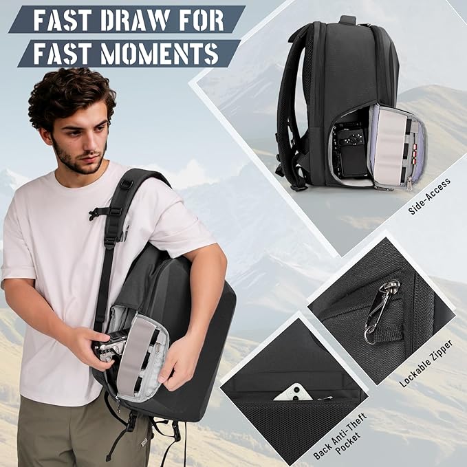 RAINSMORE Camera Backpack Hard Shell for DSLR/SLR Waterproof Camera Bag with Laptop Compartment 15.6 Inch Professional Camera Case with Rain Cover Photography Backpack Bag with Camera Lens Case Black - Image 3