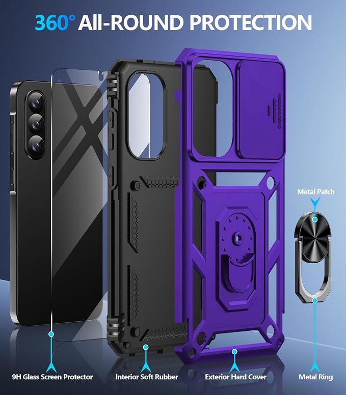 Taisairu for Samsung Galaxy A37 Case/A36 Case with Screen Protector & Slide Camera Lens Cover, Built-in Ring Stand Shockproof Protective Case for Samsung A37 5G Case/Samsung A36 5G Case (Purple) - Image 2