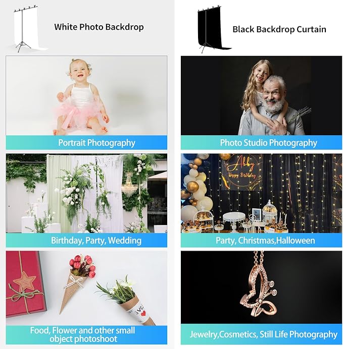 Black White Backdrop Screen with Stand Kit for Photo Video Studio Filming 5X6.5ft, Black Backdrop White Photo Curtain Background with T Shape Stand and 5 Spring Clamp for Photography Party Decorations - Image 2