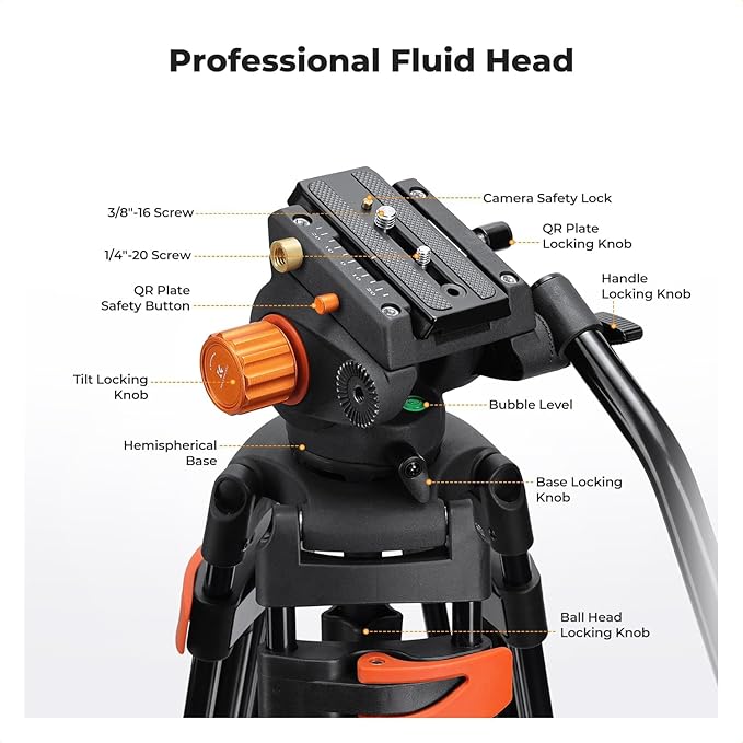 K&F CONCEPT 80" Video Tripod with Fluid Head | Heavy Duty Aluminum Tripod, Smooth Damping, Quick Release Plate for DSLR/Mirrorless/Camcorder, Max Load 17.6lb, VA3+BV70 - Image 4