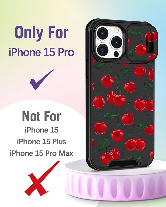 Buleens for iPhone 15 Pro Case 6.1 Inch - with Ring Stand & Camera Cover Aesthetic Cute Designed for Women Girls Girly Kawaii Cherry for Phone Case for iPhone 15 Pro Compatible with Magsafe - Image 2