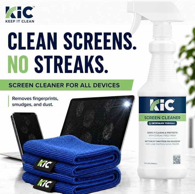 KIC CrystalVu Screen Cleaner Spray Kit (32oz) with 2 Microfiber Cloths | Streak-Free Cleaner, For TV, Phone, Laptop, Monitor & Tablet Screens, NSF Certified Safe Formula - K2-KCVZ1 - Image 3