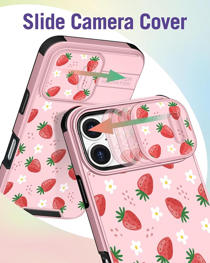 Buleens for iPhone 16 Case 6.1 Inch - with Ring Stand & Camera Cover Aesthetic Cute Designed for Women Girls Pretty Girly Kawaii Strawberry Teens Phone Case for iPhone 16 Compatible with Magsafe - Image 3