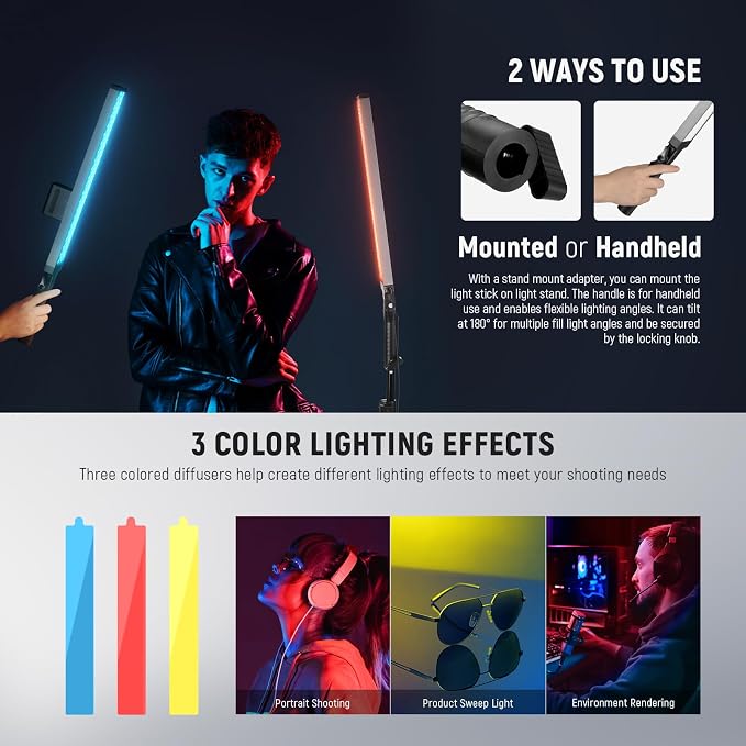 NEEWER Upgraded LED Video Light Stick & 2.4G Remote Kit, 2 Pack Handheld Dimmable 3200K~5600K CRI97+ Video Lighting with Stands/Filters/Bag for YouTube Video Recording Photography Gaming, BH20B Black - Image 5