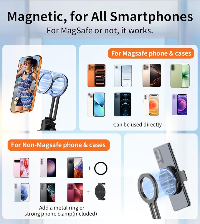 69" Magnetic Phone Tripod Stand Selfie Stick with Remote & Phone Mount | Portable Stand holder Rechargeable with Tripod Leg，360°Rotatable Travel Tripod Compatible for iPhone/Android/Magsafe - Image 2