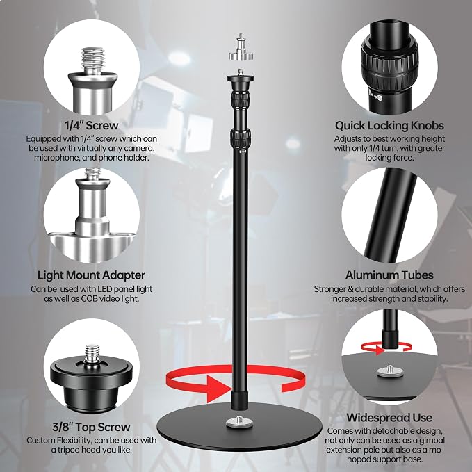 YP-300 Light Stand, 61” Monopod for Camera, LED Light, Heavy Duty Aluminum Alloy 28mm Tubes Metal Round Base with 1/4” Screw, 3/8” Screw & Light Mount Adapter Studio Stage - Image 3